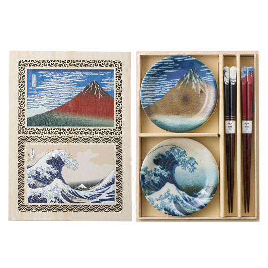 Hokusai Fuji Small Plates & Chopsticks Pair Set (Wooden Box)