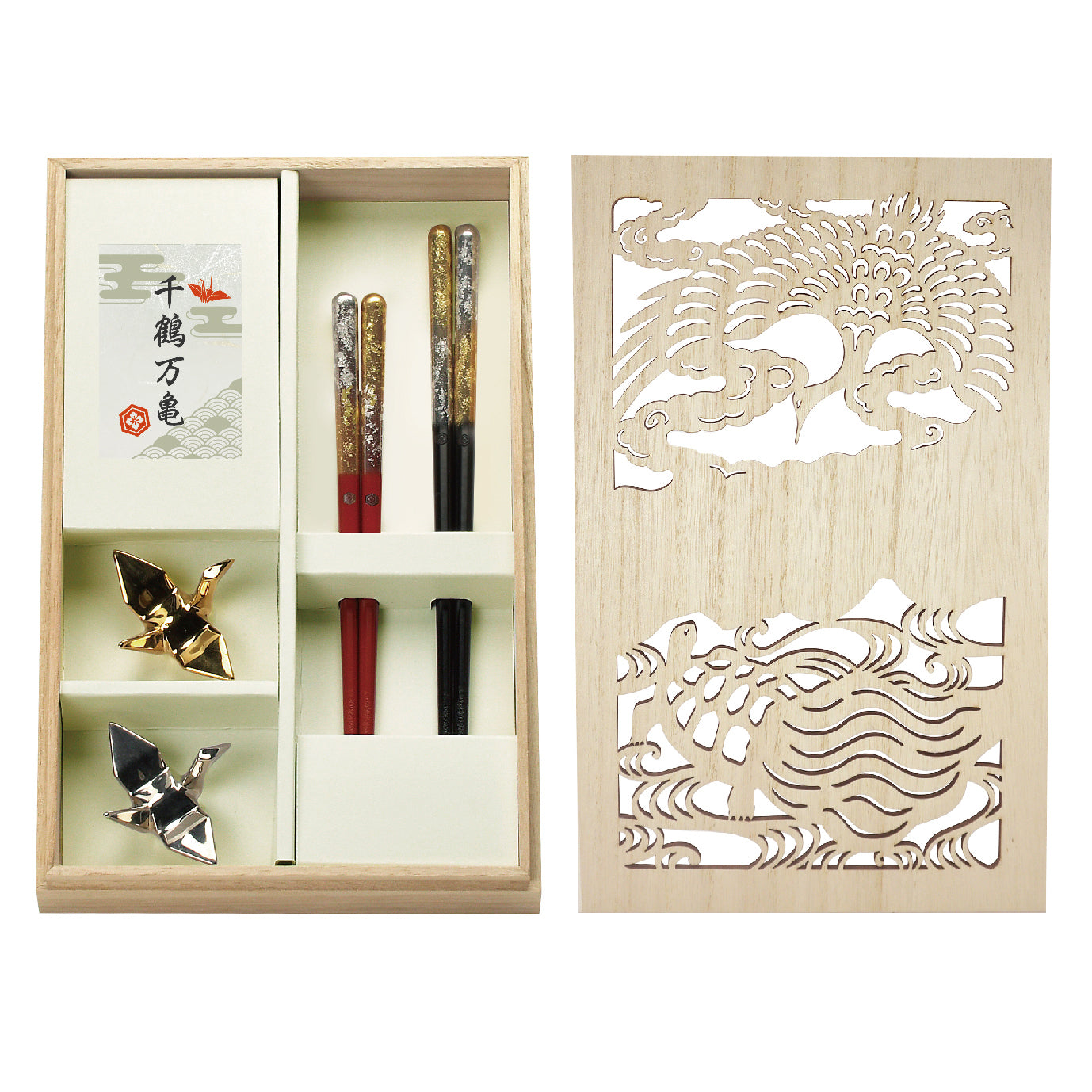Chizuru Mankei Chopsticks & Chopstick Rest Set (Gold & Silver)