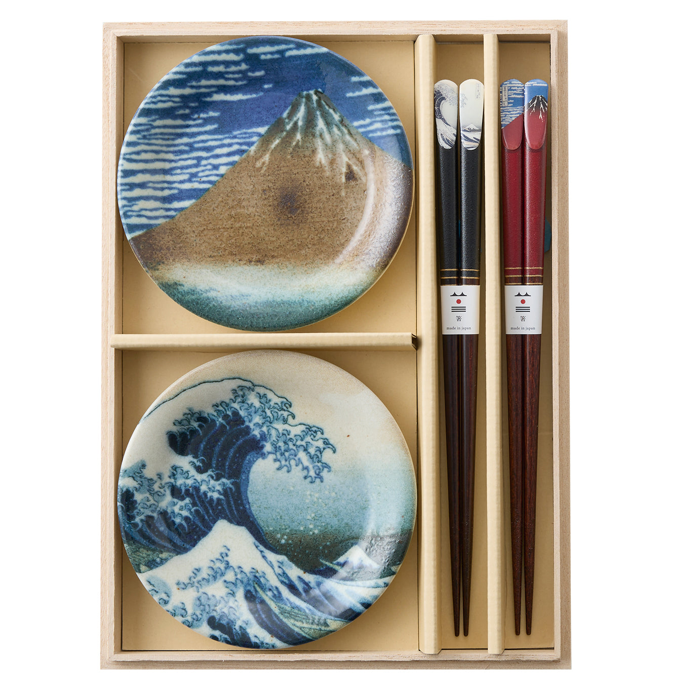 Hokusai Fuji Small Plates & Chopsticks Pair Set (Wooden Box)
