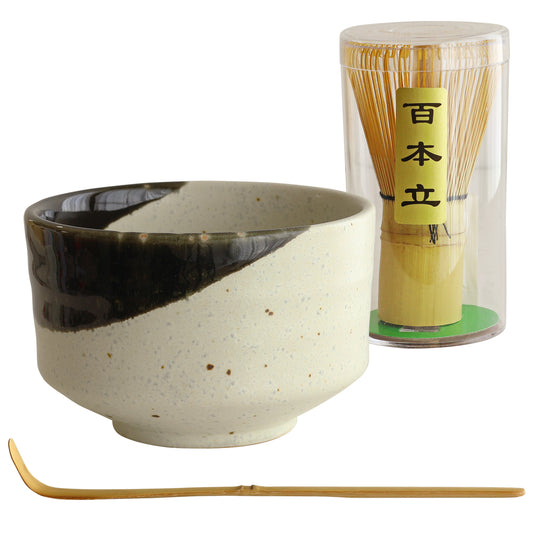 Matcha Bowl【Oribe-nuri Wariwake】with Matcha Whisk